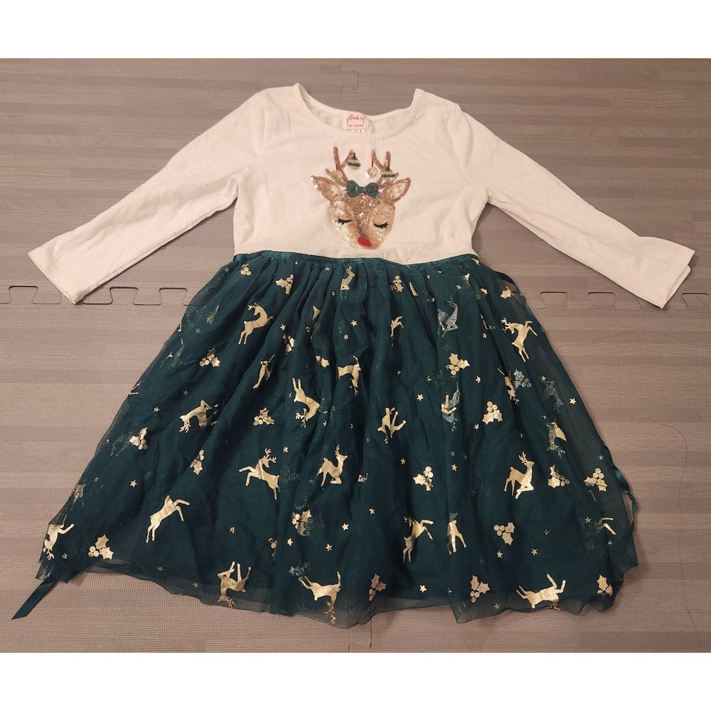 Pinky Los Angeles Girls Holiday Reindeer Sequin Tulle Dress Size 10 Green White
